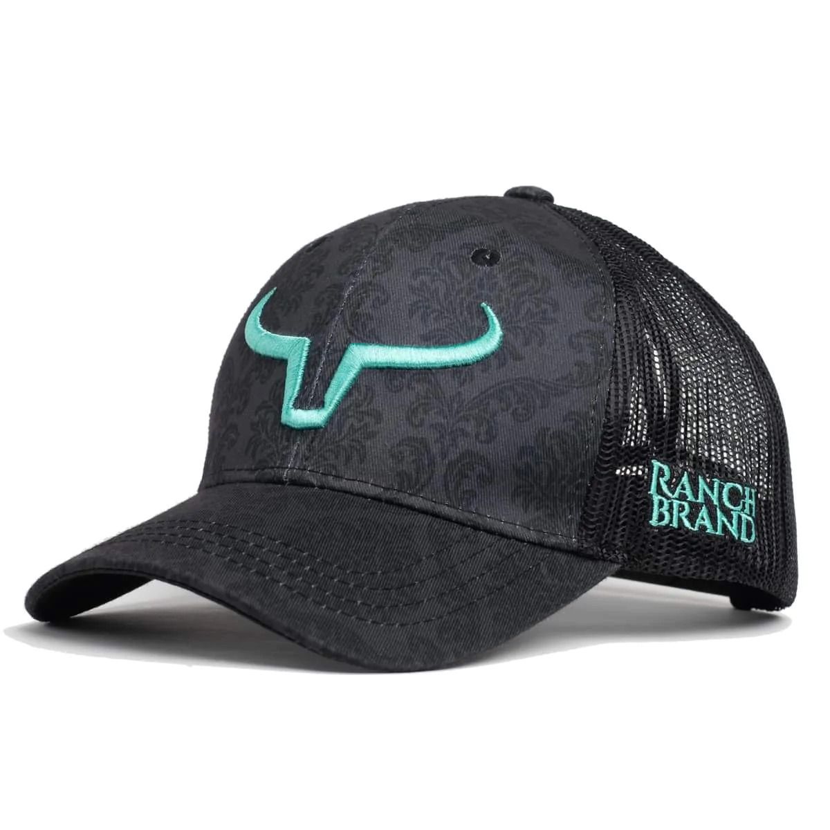 RANCH BRAND - Damacus Ponytail Western Cap, Mesh: Noir, Logo: Turquoise