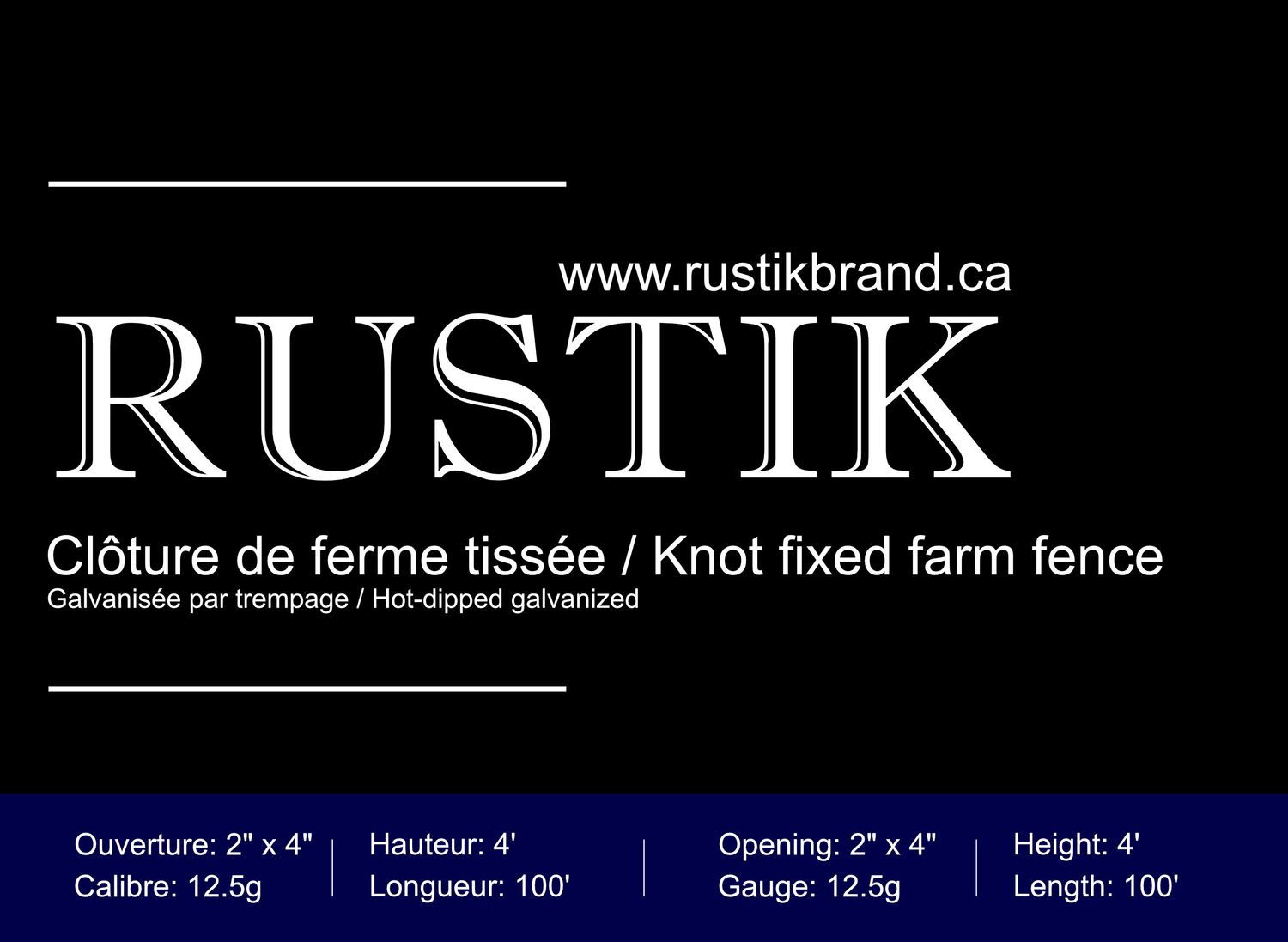 RUSTIK - Woven Wire Fence 12.5g - 2 &quot;x4&quot;, Hauteur: H-4 pieds, Longueur: L-100pieds