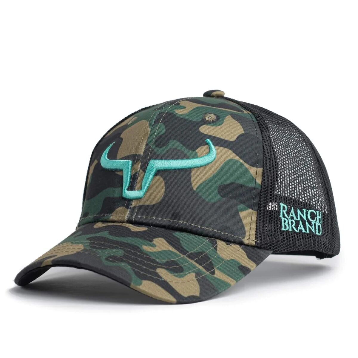 RANCH BRAND - Ponytail Camo Western Cap, Color: Logo Turquoise