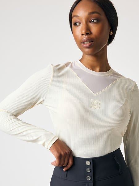 PS OF SWEDEN - Leandra Long Sleeve Striped Mesh Top Vanilla Beige