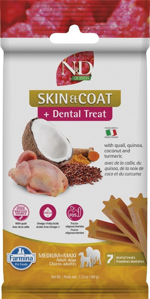 FARMINA - N&amp;D Quail / Quinoa Skin &amp; Coat Dental Treat, Type: Medium &amp; Large Breed, Size: 100g