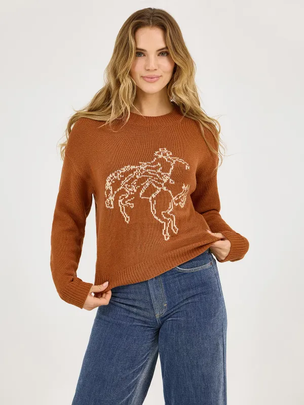 WRANGLER - Horse Intarsia Crew Neck Rust Sweater