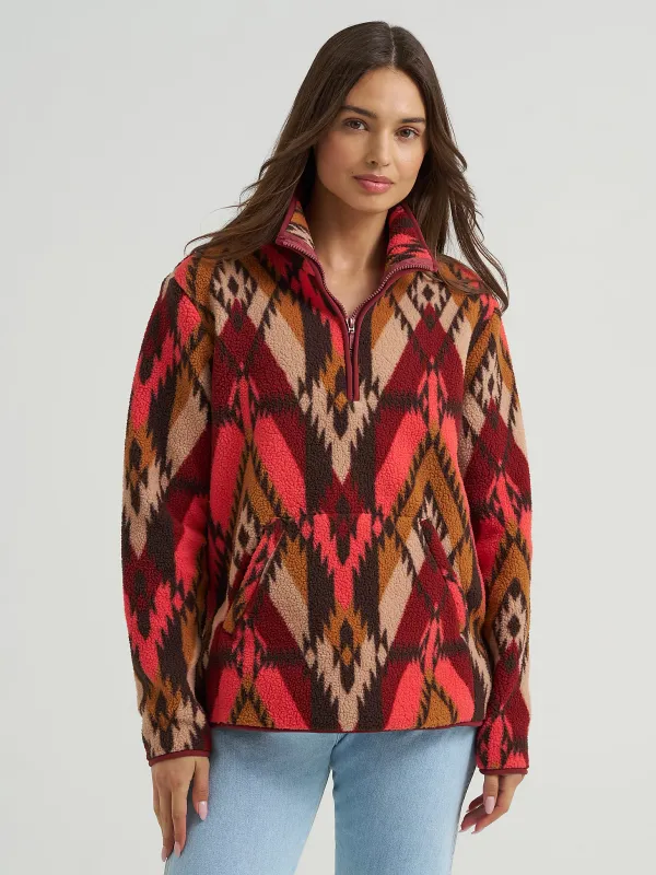WRANGLER - Burgundy Flame Retro Quarter-Zip Sherpa Pullover