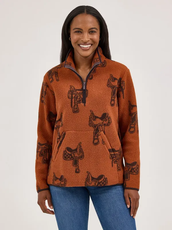WRANGLER - Horse Brown Retro Quarter-Zip Sherpa Pullover