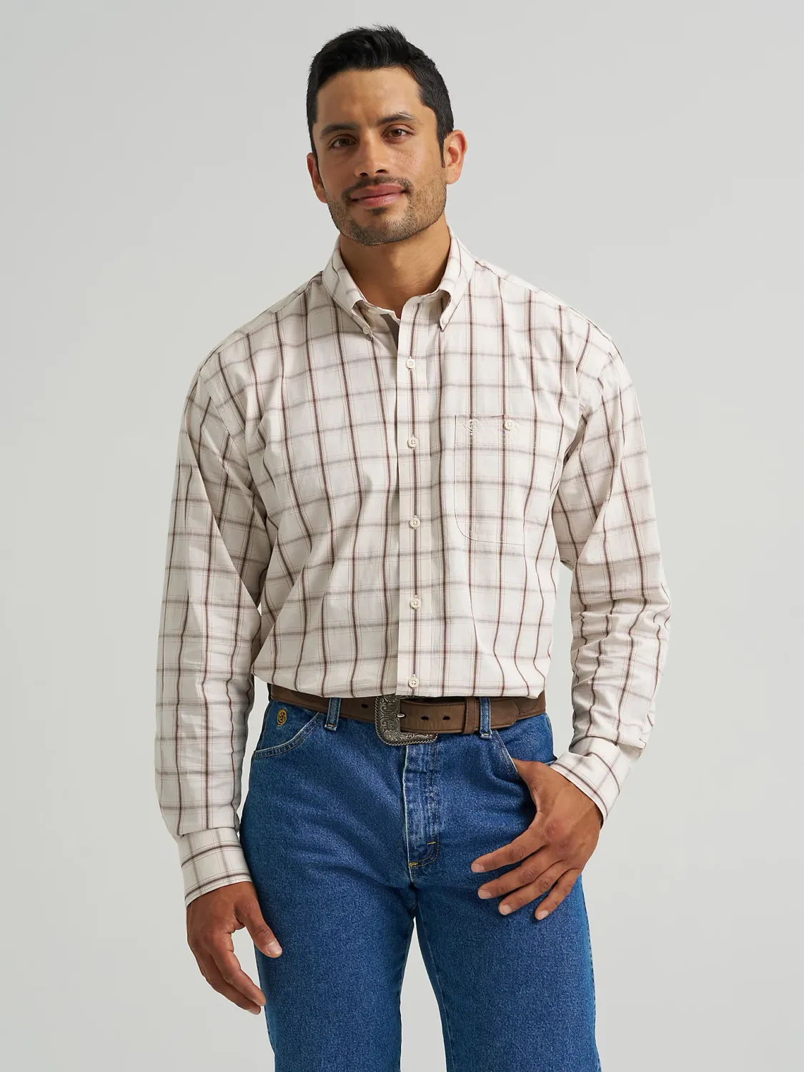 WRANGLER - George Strait Ecru Plaid Button Down One Pocket Shirt