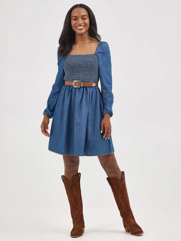WRANGLER - Smocked Bodice A-Line Denim Dress