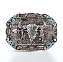 M&amp;F WESTERN - Skull Arrow Feather Belt Buckle, Color: Argent &amp; Bleu