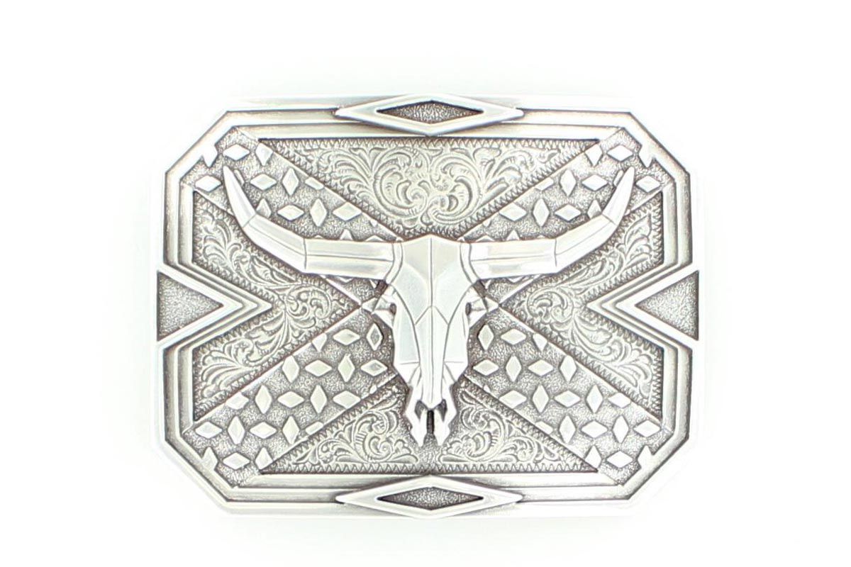 M&amp;F WESTERN- Square Plate Steer Skull Geo Belt Buckle, Color: Argent