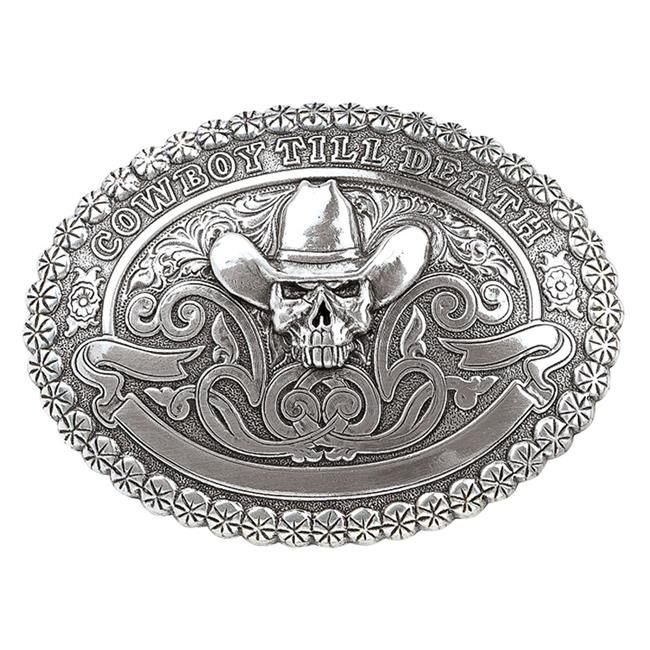M&amp;F WESTERN - Skull Cowboy Till Death Belt Buckle, Color: Argent