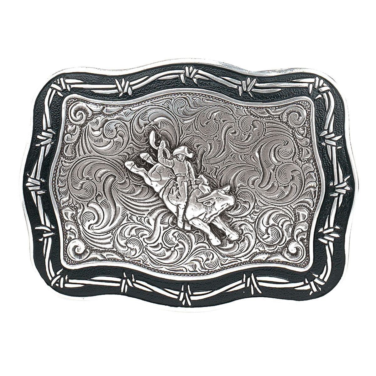 M&amp;F WESTERN - Bull Rider Barbed Wire Belt Buckle, Color: Argent &amp; Noir