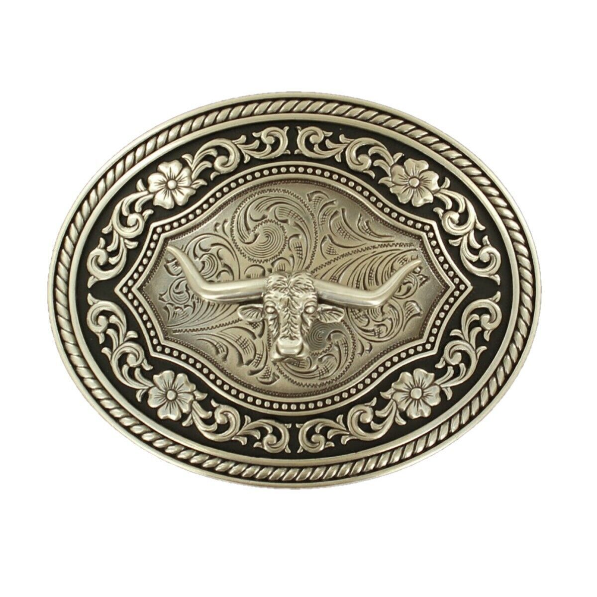 M&amp;F WESTERN - Scroll &amp; Longhorn Oval Belt Buckle, Color: Argent