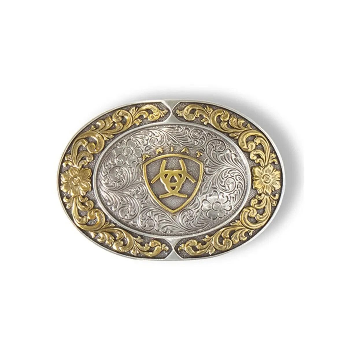 ARIAT - Oval Engraved Silver &amp; Gold Tone Belt Buckle, Color: Argent &amp; Or