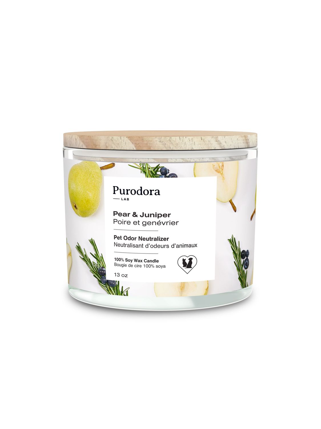 PURODORA LAB - Odor Neutralizing Soya Candle, Type: Poire &amp; Genévrier, Format: 13oz