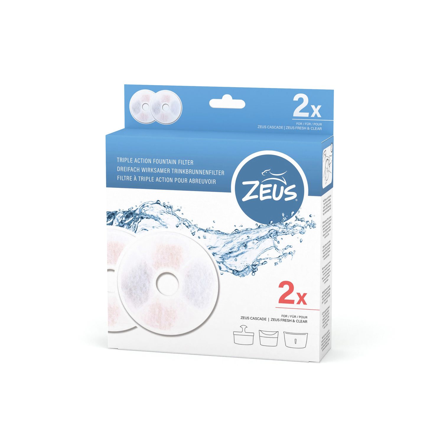 ZEUS - Triple action filters for automatic water fountain, Format: 2Pack