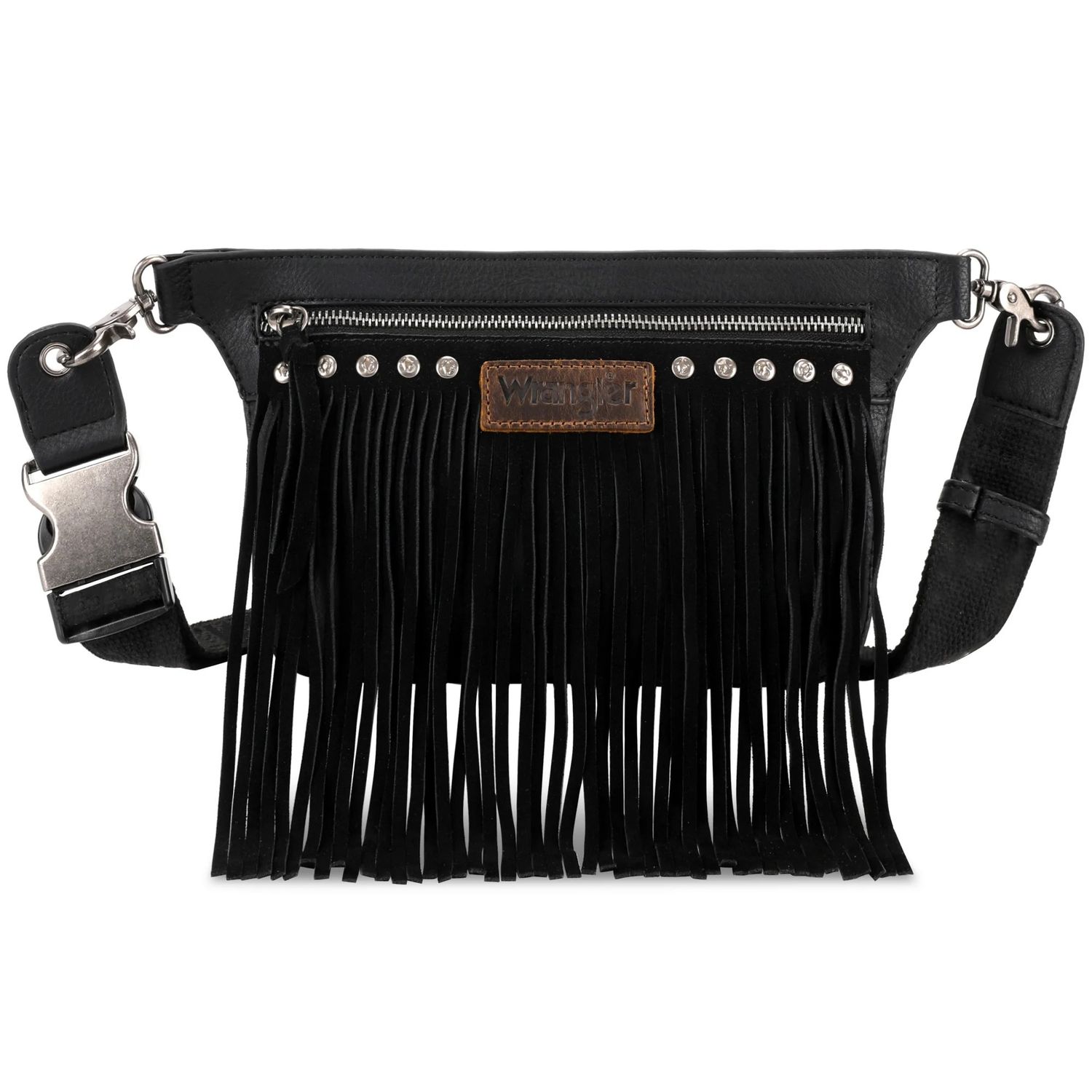 WRANGLER - Black Fringe Fanny Pack Belt Sling Bag, Format: 10&quot; x 2&quot; x 6.5&quot;  (Strap 46&quot;)