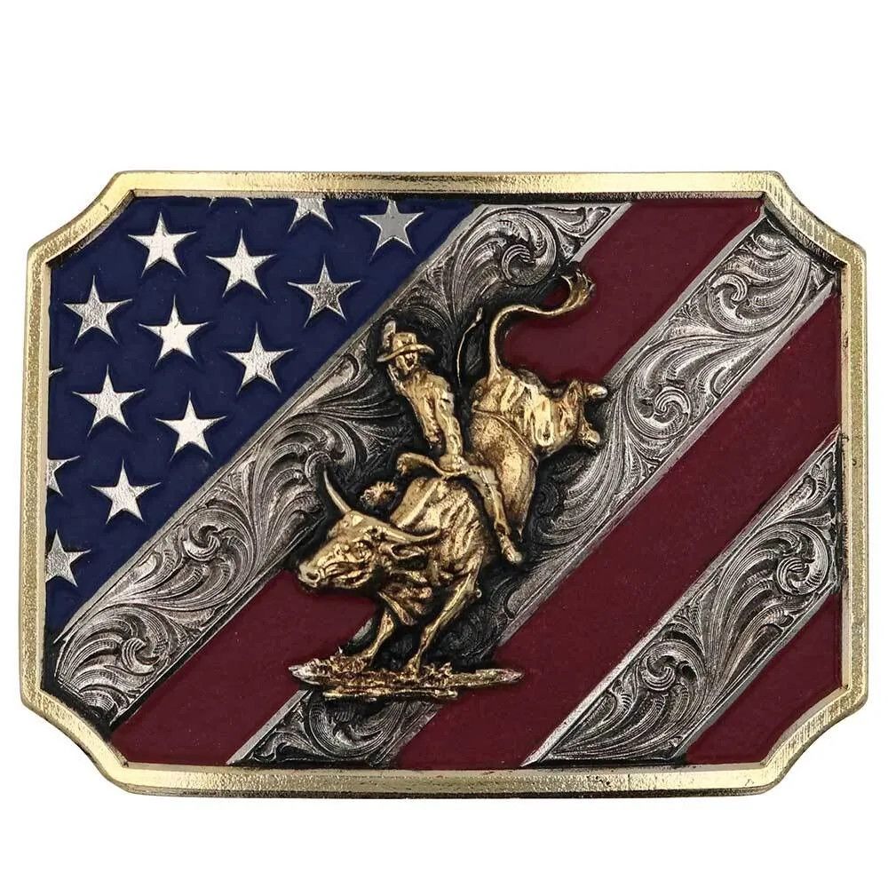 MONTANA SILVERSMITHS - Patriot Bull Rider Attitude Belt Buckle, Color: Argent et Or