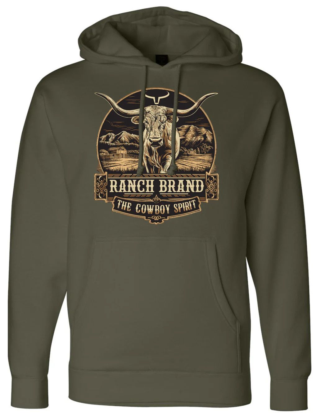 RANCH BRAND - Longhorn 2 Unisex Long Sleeves Army Hoodie, Size: Small