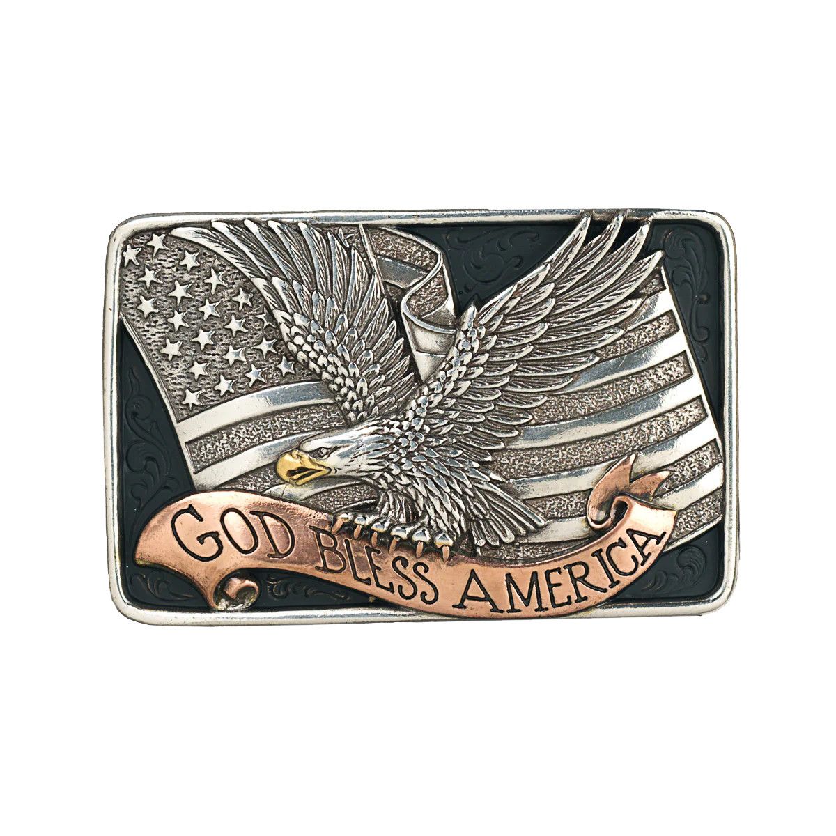 NOCONA - God Bless America Black Belt Buckle, Color: Argent &amp; Noir