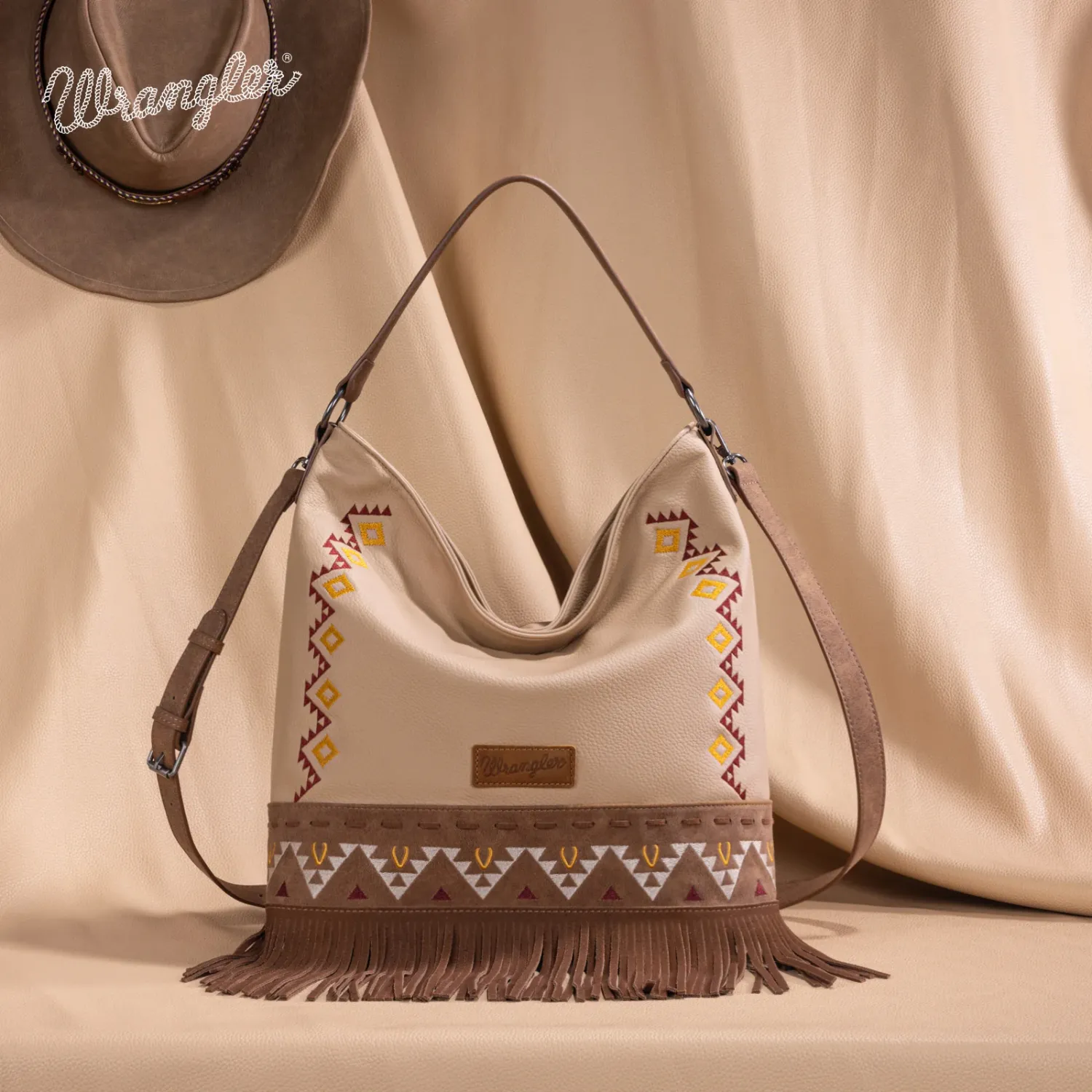 WRANGLER - Aztec Embroidered Fringe Tan Hobo Bag