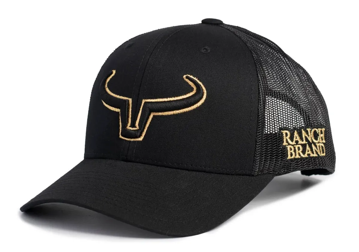 RANCH BRAND - Rancher Outline Logo SnapBack Black Cap, Mesh: Noir, Logo: Gold