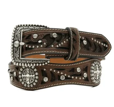 ARIAT - Brown Scroll Inlay Crystal Embellished Scalloped Belt