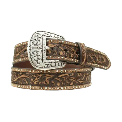 ARIAT - Ladies Floral Tooled &amp; Studded Leather Belt