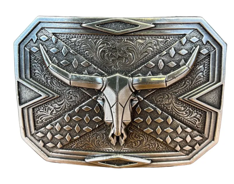 M&amp;F WESTERN- Square Plate Steer Skull Geo Belt Buckle