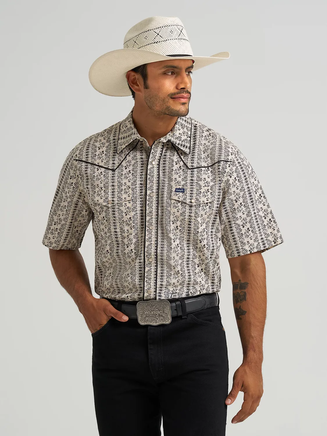 WRANGLER - Vintage-Inspired Ecru Piped Printed Western Snap Shirt