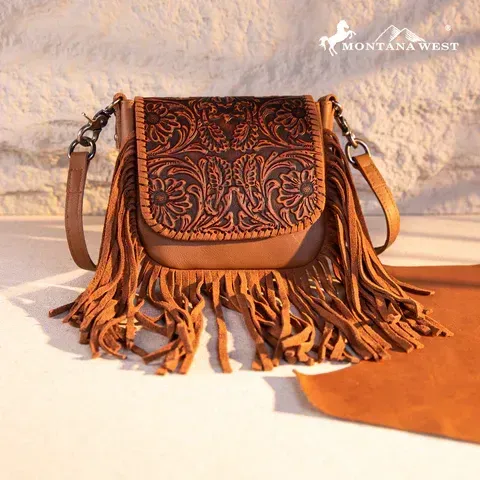 MONTANA WEST - Genuine Leather Tooled Fringe Chesnut Crossbody