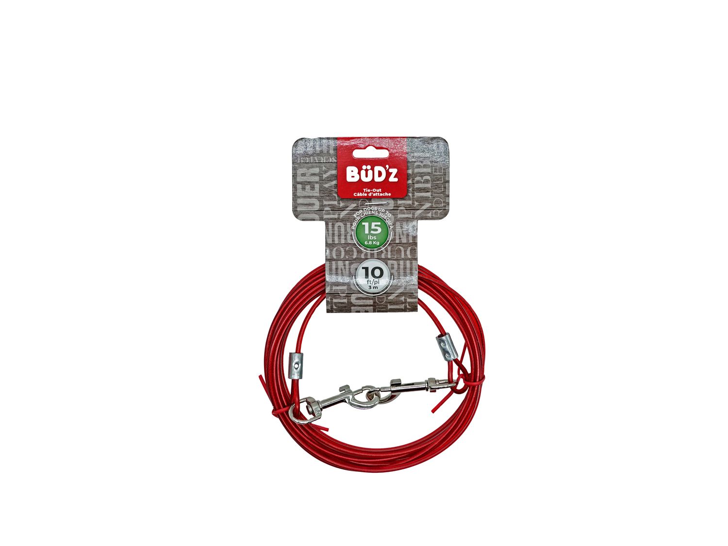 BUD'Z - Tie-Out Dog Cables, Sizes: 10' (Jusqu'à 15lbs)