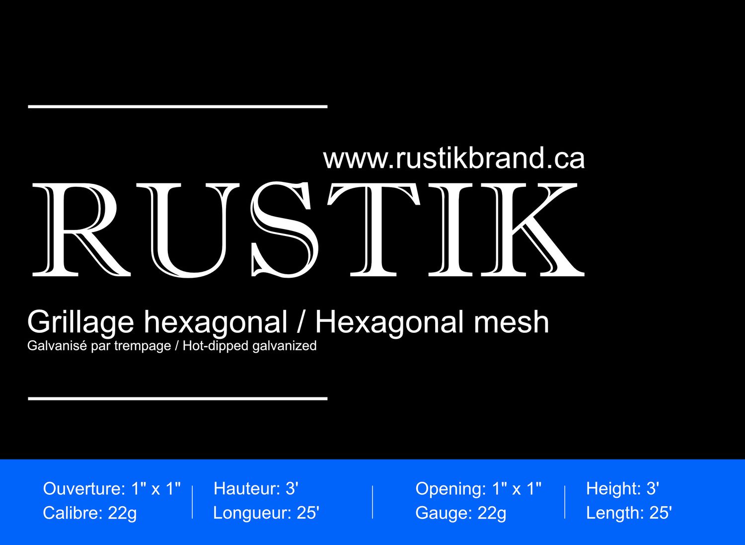 RUSTIK - 1" x 1" Hexagonal Wire Mesh, Height: H-3 pieds, Length: L-25 pieds
