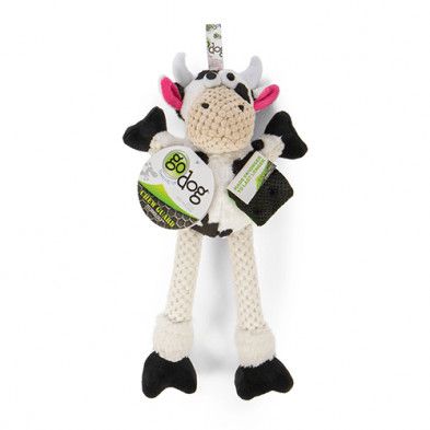 GODOG - Skinny Squeaky Holstein Cow Plush Dog Toy with Chew Guard Technology, Size: Medium