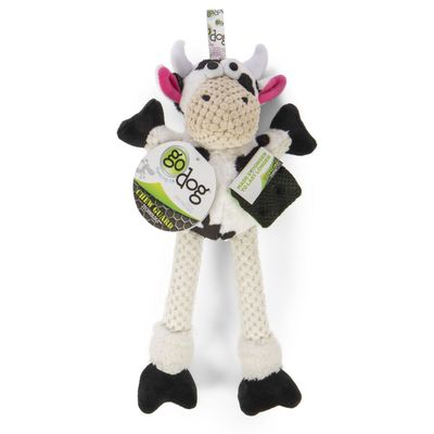 GODOG - Skinny Squeaky Holstein Cow Plush Dog Toy with Chew Guard Technology