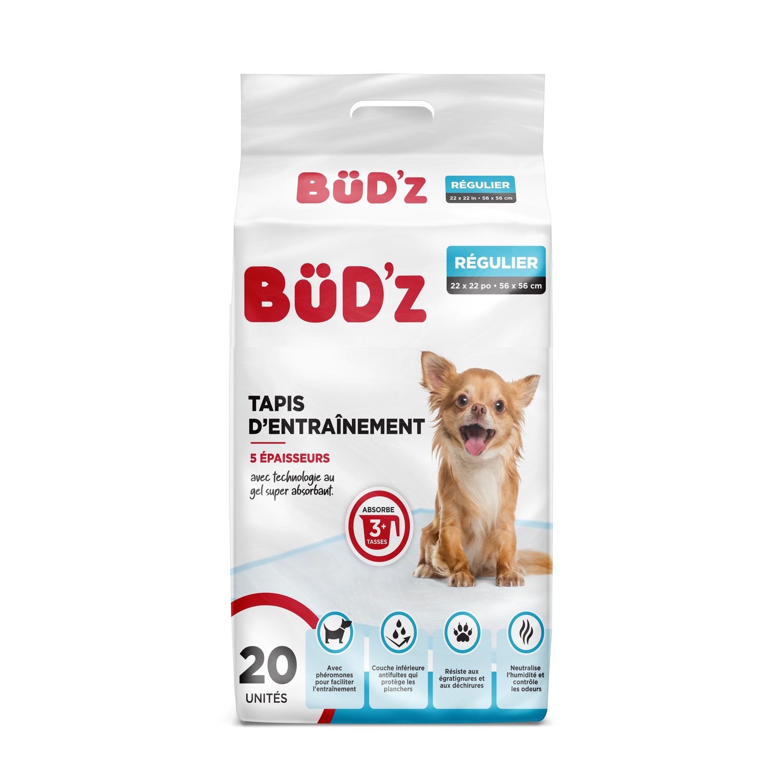 BUD'Z - 5-Ply Puppy Training Pad, Size: 22x22po, Format: 20 Unités