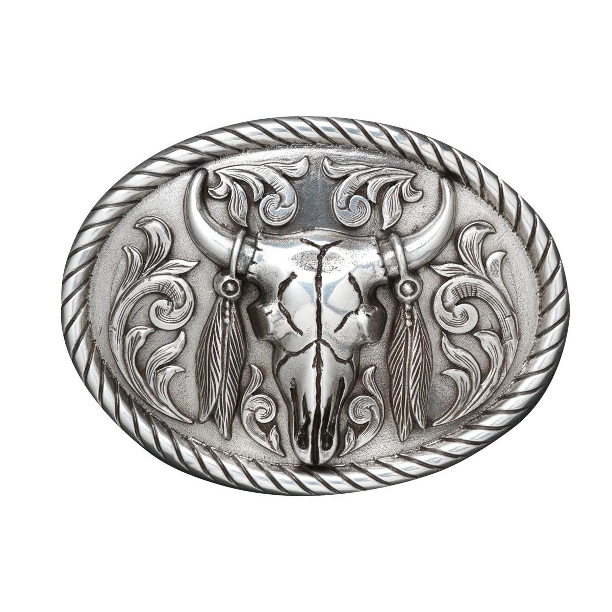 NOCONA - Oval Rope Edge Steer Skull Belt Buckle, Colour: Argent