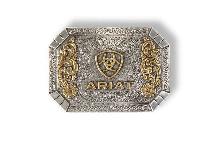 ARIAT - Floral Emblem Silver &amp; Gold Tone Belt Buckle, Colour: Argent &amp; Or
