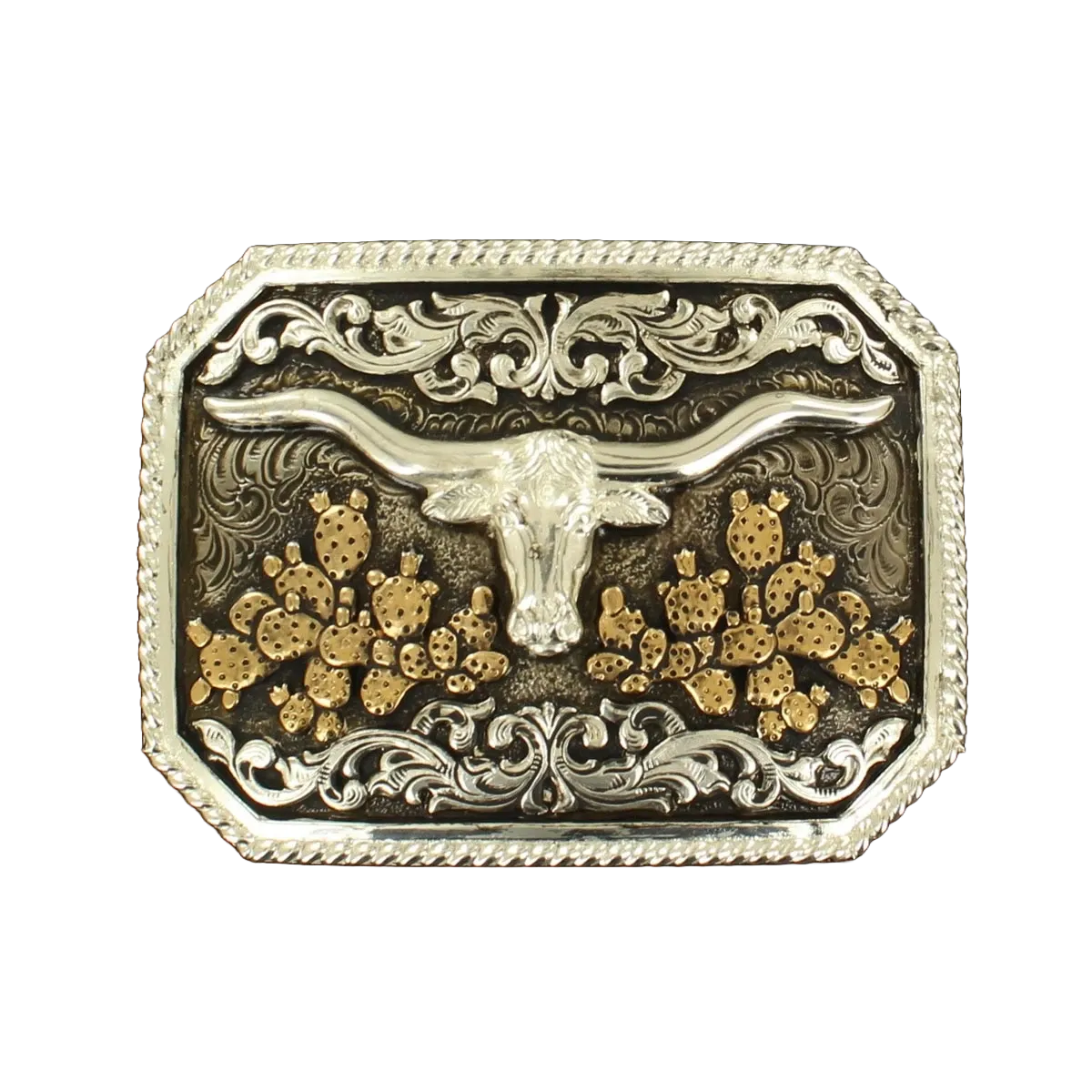 M&amp;F Western - Crumrine Rectangle Longhorn Belt Buckle, Colour: Argent et Bronze