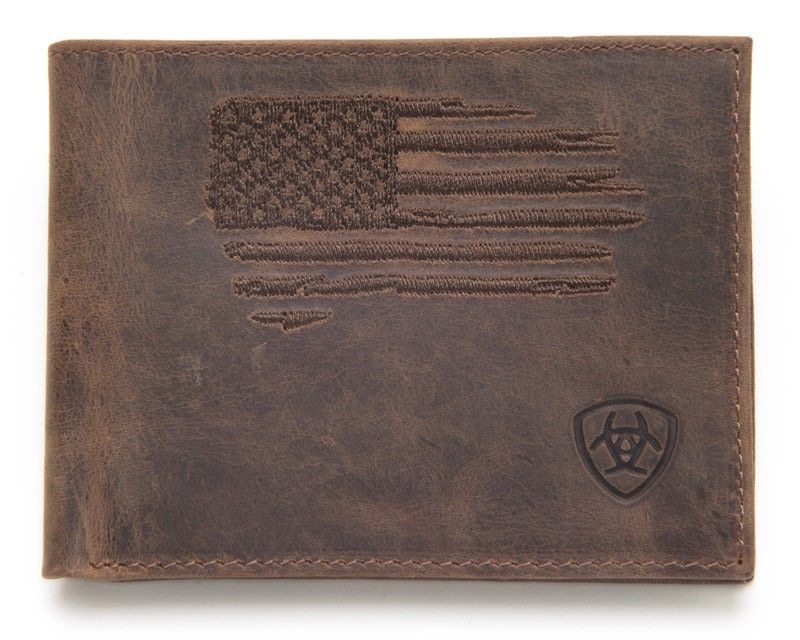 ARIAT - Rustic Brown Stitched USA Flag Leather Wallet, Type: Bifold
