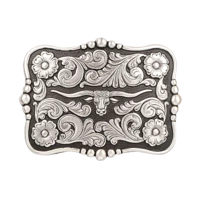 NOCONA - Longhorn Silver &amp; Black Rectangular Belt Buckle
