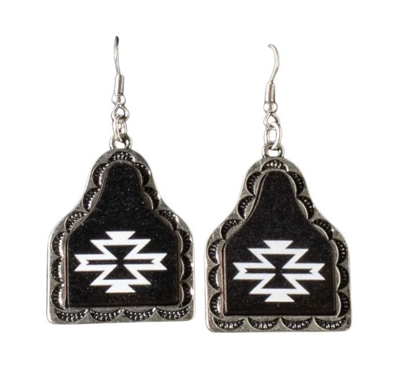 M&amp;F WESTERN - Black Dangle Cow Tag Earrings, Colour: Black &amp; White