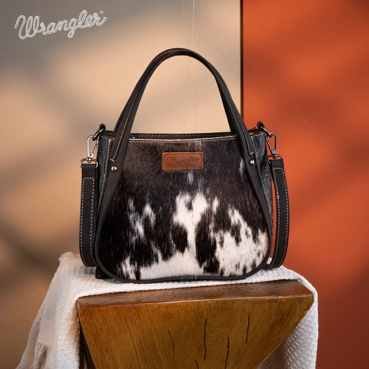 WRANGLER - Genuine Hair-On Black Cowhide Tote/Crossbody, Size: 9" x 3.75" x 8"