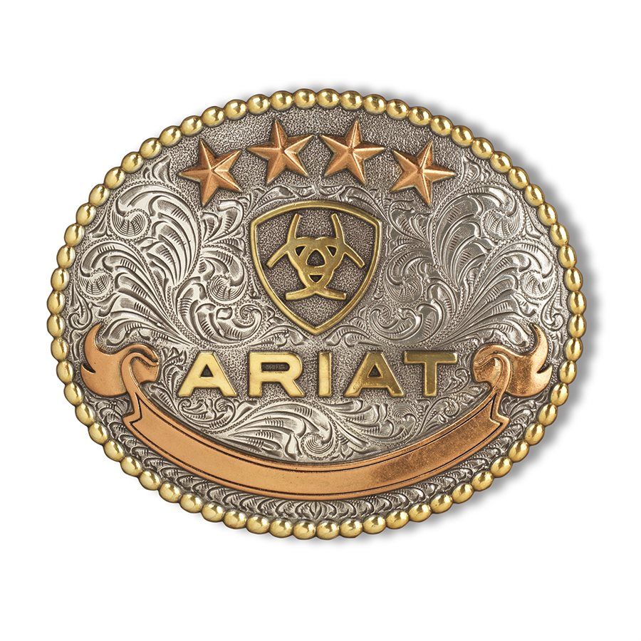 ARIAT - Oval Stars Logo Silver Belt Buckle, Colour: Argent et Bronze