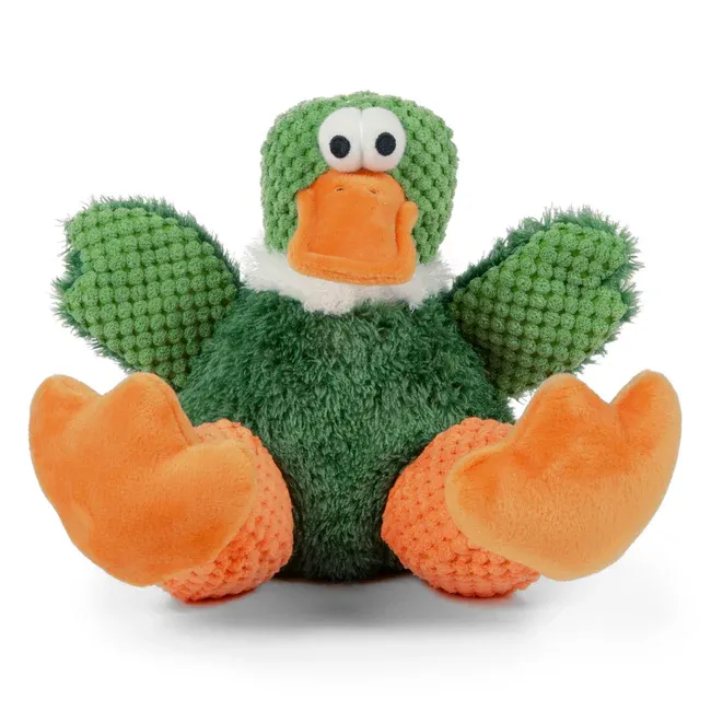 GODOG - Checkers Squeaky Duck Plush Dog Toy with Chew Guard Technology, Size: Medium