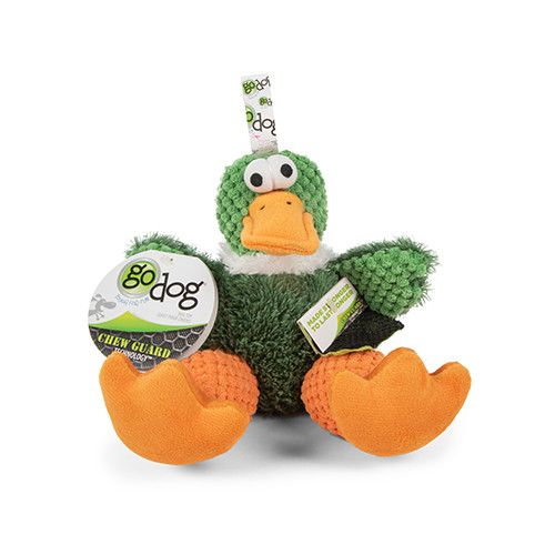GODOG - Checkers Squeaky Duck Plush Dog Toy with Chew Guard Technology, Size: Medium