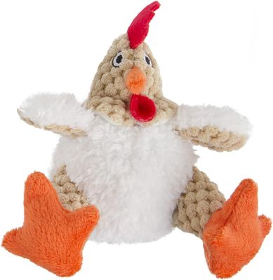 GODOG - Sitting Checkers Squeaky Rooster Plush Dog Toy with Chew Guard Technology
