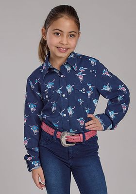 ROPER - Navy Blue Cow Skulls Print Western Blouse