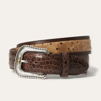 STETSON - Brown Ostrich Print Croco Embossed Western Tabs Belt