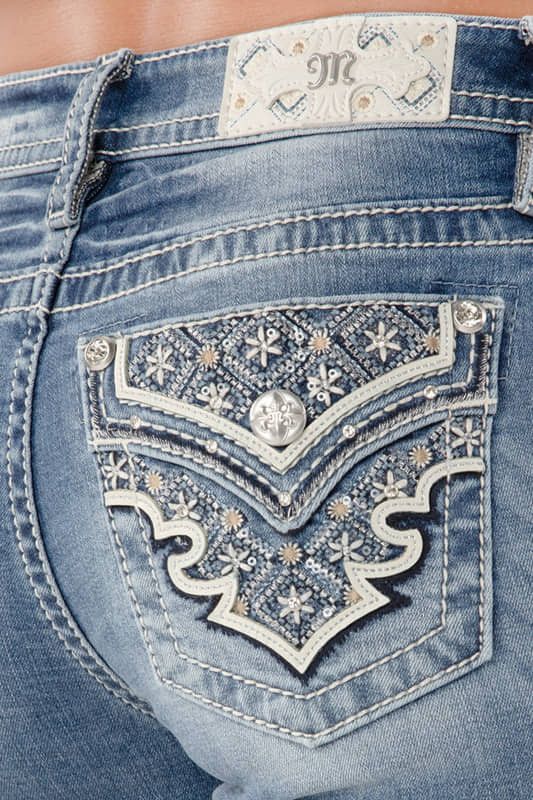 MISS ME - Medium Blue Mid-Rise Sequin Stitchwork BootCut Jean