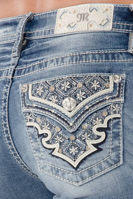 MISS ME - Medium Blue Mid-Rise Sequin Stitchwork BootCut Jean