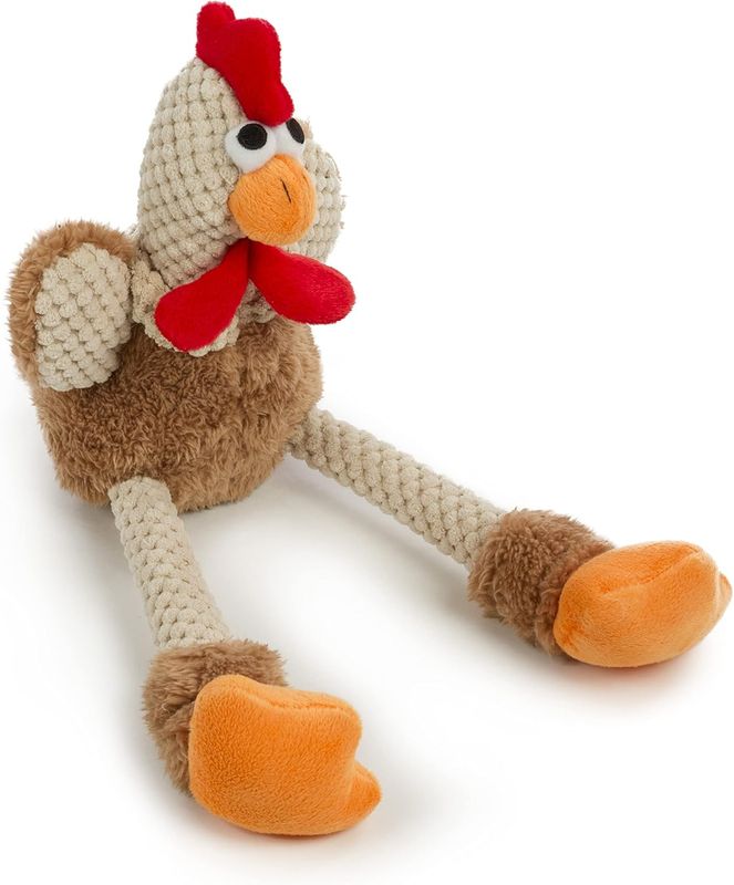 GODOG - Skinny Squeaky Rooster Plush Dog Toy with Chew Guard Technology